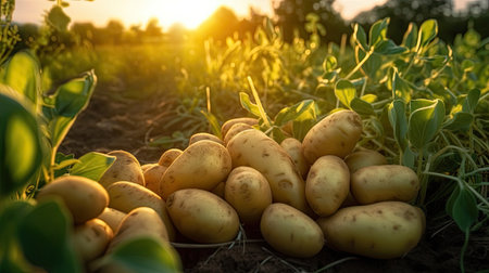Fresh potatoes on the ground in plant field. Generative Aiの素材