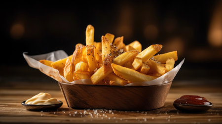 French fries on wooden table in the restaurant. Generative Aiの素材