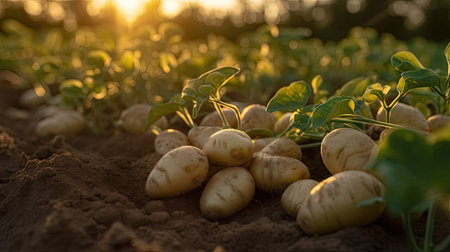 Fresh potatoes on the ground in plant field. Generative Aiの素材