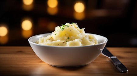 Mashed potatoes in white bowl on wooden table in the restaurant. Generative Aiの素材