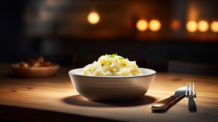 Mashed potatoes in white bowl on wooden table in the restaurant. Generative Aiの素材
