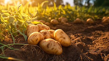 Ripe potatoes on ground in plant field. Generative Aiの素材