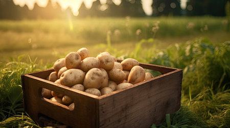 Potatoes in wooden box full on table with green field. Generative Aiの素材
