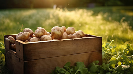 Potatoes in wooden box full on table with green field. Generative Aiの素材