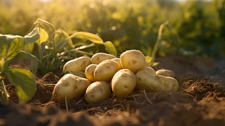 Ripe potatoes on ground in plant field. Generative Aiの素材