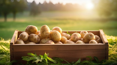 Potatoes in wooden box full on table with green field. Generative Aiの素材