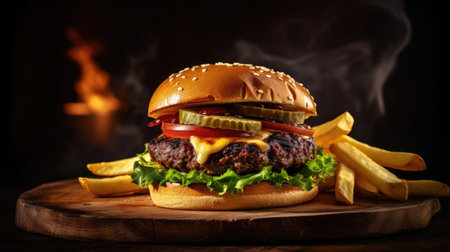 beef burger with french fries on dark background. Generative Aiの素材