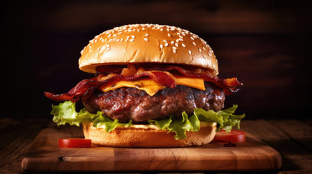 Bacon burger with beef patty on red wooden table. Generative Aiの素材