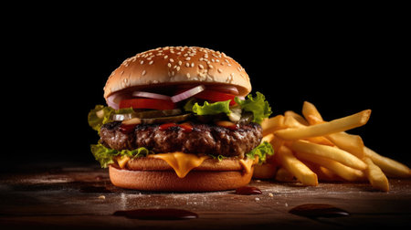beef burger with french fries on dark background. Generative Aiの素材