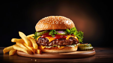 beef burger with french fries on dark background. Generative Aiの素材