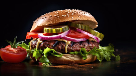 Beef burger with tomatoes, red onions, cucumber and lettuce on black slate over dark background. Generative Aiの素材