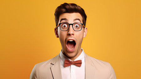 A young handsome manager man was Surprised and excited, opening eyes and mouth on bright solid light color background. Generative Aiの素材