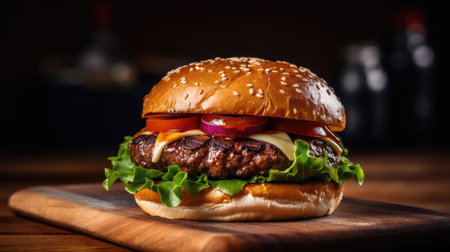 Close up of homemade beef burger on wooden table. Generative Aiの素材