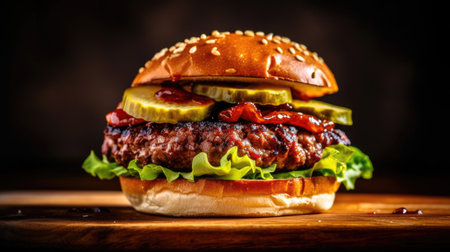 Close up of homemade beef burger on wooden table. Generative Aiの素材