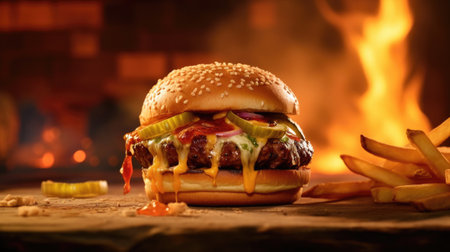 Tasty burger with french fries and fire on wooden table. Generative Aiの素材