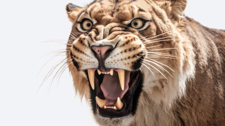 Close up of Sabertooth tiger smilodon on a white background. Generative Aiの素材