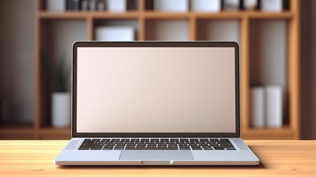 Laptop computer mockup blank white screen on desk. Delivery box, retail market, warehouse delivery background. Online e-commerce store mockup, dropshipping business website concept. Generative Aiの素材