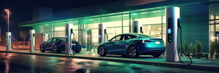EV charging station for electric car, Fast charging station, Green energy power. Automotive innovation and technology concepts. Generative Aiの素材
