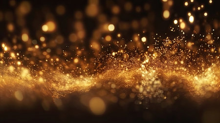 Abstract of Gold glitter particles magic bright sparks in wave motion. Generative Aiの素材