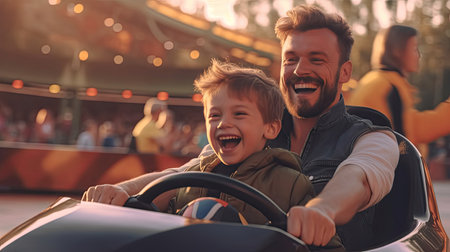 Cheerful father and son and have fun while driving a bumper car in an amusement park. Generative Aiの素材