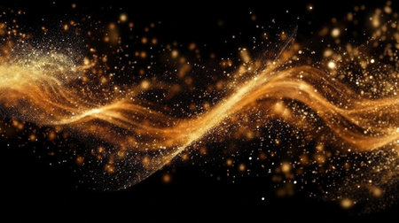 Abstract of Gold glitter particles magic bright sparks in wave motion. Generative Aiの素材
