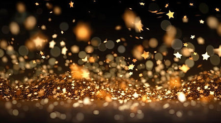 Gold sparkle stars background with bokeh glitter explosion on a black background. Generative Aiの素材