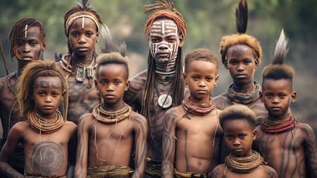 Group of young people and children from african tribe complete with cultural tattoos, cosmetics and stone-wood spear weapons. Ethnic groups in Africa. Generative Aiの素材