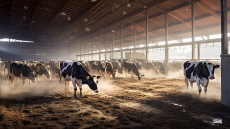 Cows at cowshed eating hay, bright and airy milk production plant in full swing. Generative Aiの素材