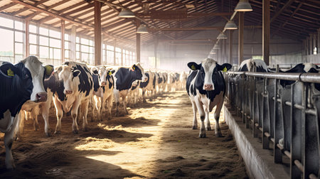 Cows at cowshed eating hay, bright and airy milk production plant in full swing. Generative Aiの素材