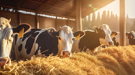 Cows at cowshed eating hay or fodder on dairy farm. Generative Aiの素材