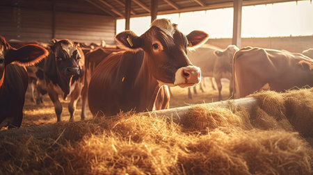 Cows eating hay in cowshed on beef cattle farm. meat production livestock industry. Generative Aiの素材