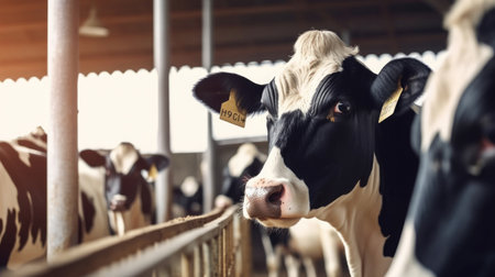 Cows in cow milking facility. Farm dairy and milk production livestock industry. Generative Aiの素材