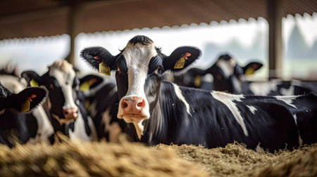 Dairy cows eating hay at cattle farm. Dairy cow. Generative Aiの素材