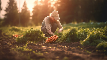 A farmer picked carrots on the soil in a field, agriculture, carrot farming. Generative Aiの素材