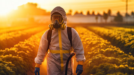 A man wear protective clothing fumigating field with pesticide or insecticide. Generative Aiの素材