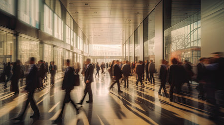 Crowd of business people walking in bright office lobby fast moving with blurry. Generative Aiの素材