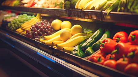 Fruits and Vegetables on shelf in supermarket. Generative Aiの素材