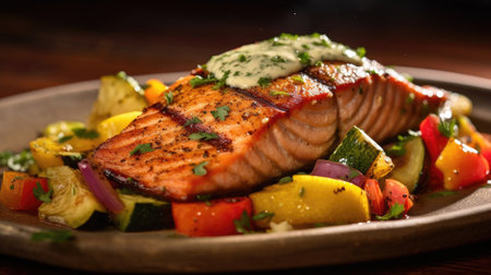 Grilled salmon with colorful veggies and lemon herb sauce in restaurant. Generative Aiの素材