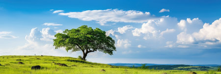 Landscape view of one big tree on the top of the hill with green grass on a hillside with blue sky and clouds in the background. Generative Aiの素材