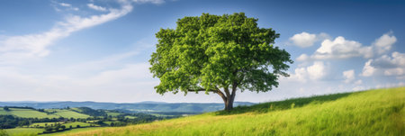 Landscape view of one big tree on the top of the hill with green grass on a hillside with blue sky and clouds in the background. Generative Aiの素材