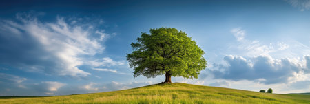 Landscape view of one big tree on the top of the hill with green grass on a hillside with blue sky and clouds in the background. Generative Aiの素材