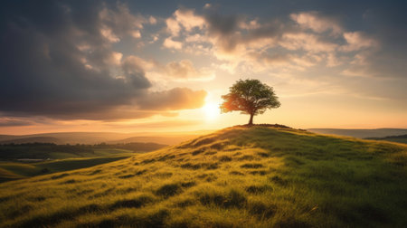Landscape view of one big tree on the top of the hill with green grass on a hillside with blue sky and clouds in the background. Generative Aiの素材