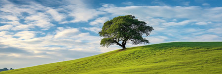 Landscape view of one big tree on the top of the hill with green grass on a hillside with blue sky and clouds in the background. Generative Aiの素材