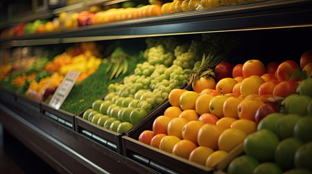 Fruits and Vegetables on shelf in supermarket. Generative Aiの素材