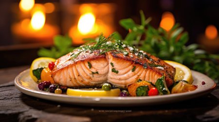 Grilled salmon with colorful veggies and lemon herb sauce in restaurant. Generative Aiの素材