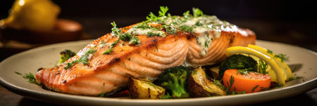 Grilled salmon with colorful veggies and lemon herb sauce in restaurant. Generative Aiの素材