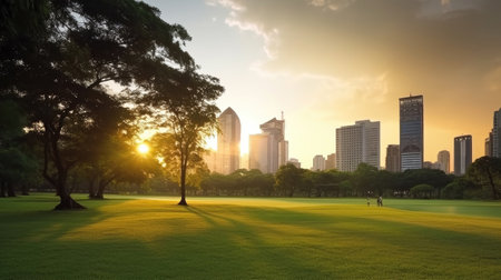 Bangkok beautiful view from Lumpini Park. Green grass field in park at city center with office building urban background Thailand. Generative Aiの素材