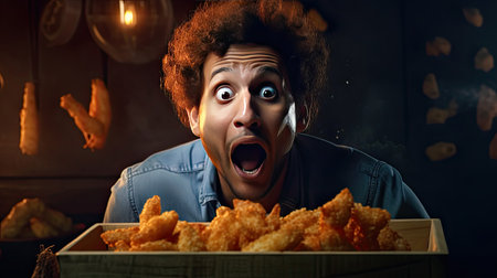 a Surprised expression crate a funny man eating pieces of fried chicken, a male face with expression excited to eat food. Generative Aiの素材