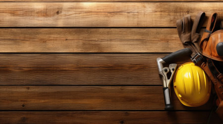 a Helmet of construction worker tools on brown wooden background with copy space, space for text design. Construction Banner. Generative Aiの素材
