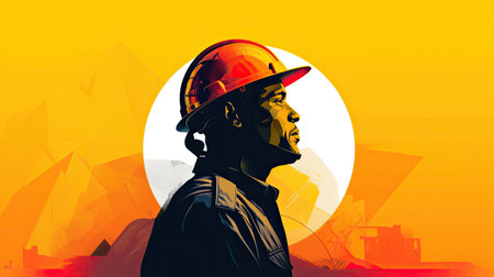 Side view portrait of Silhouette image happy construction worker wearing safety helmet and plastic helmet, flat vector illustration. Generative Aiの素材
